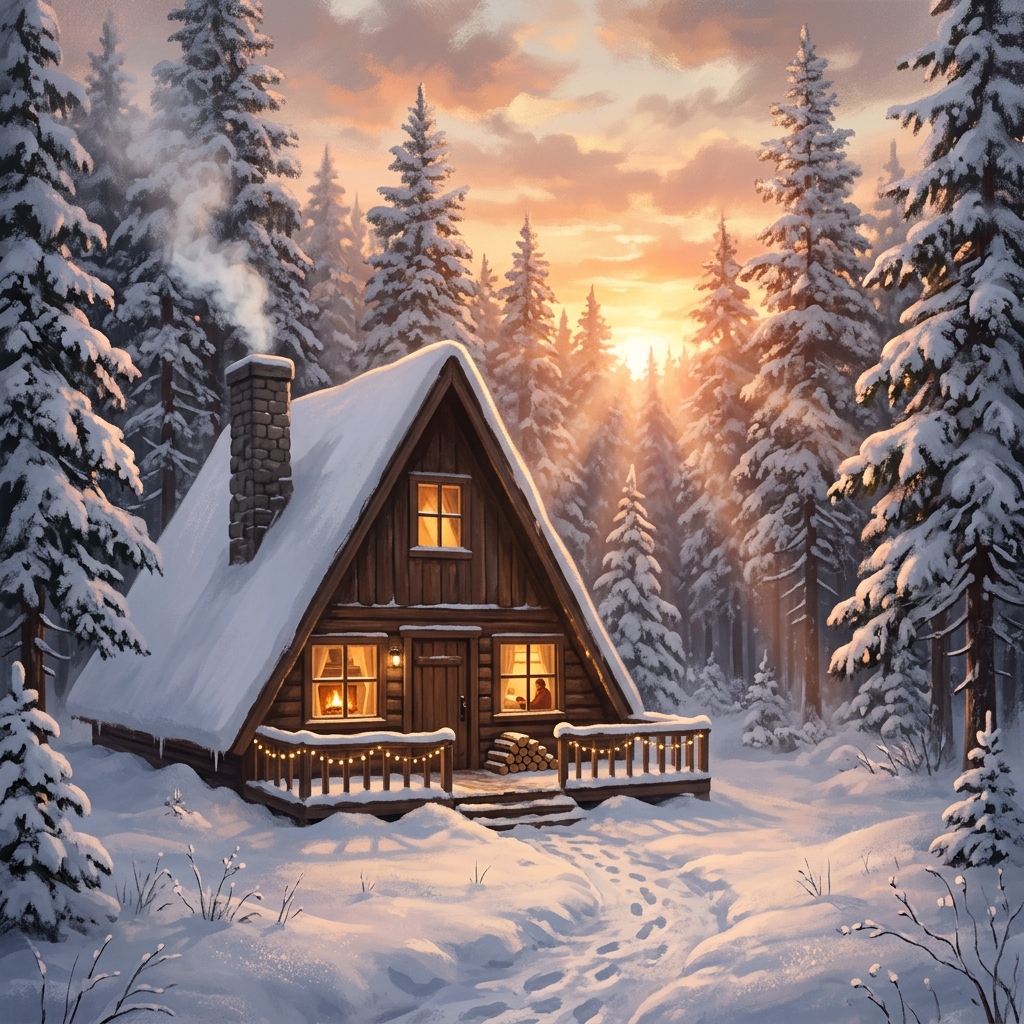 Cozy Winter Cabin at Sunset